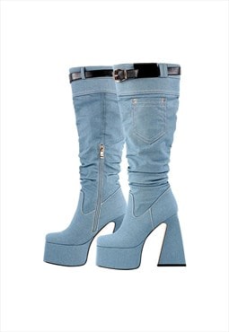 Denim Square Toe Chunky Heel Platform Boots