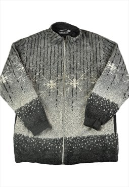 Vintage Fleece Jacket Retro Pattern Grey Ladies Large