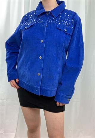 VINTAGE 80S ROYAL BLUE CORDUROY JACKET WITH DIAMANTE STUDS