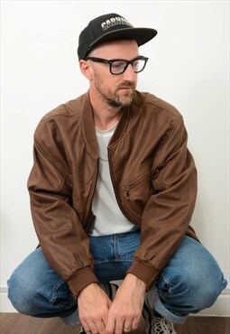 Vintage 90s Leather jacket Brown Zip Bomber Size XL