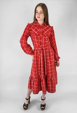 70's Vintage Long Sleeve Red Gingham Check Midi Dress