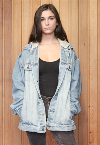 VINTAGE 1990S BLUE HOODIED OVERSIZED DENIM JACKET
