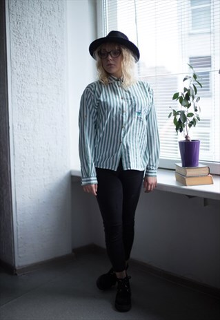 VINTAGE 80'S WHITE/GREEN STRIPED SHIRT