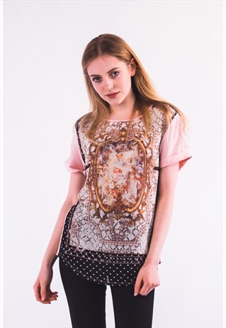 FLORAL AND MIRROR CHIFFON PRINT COTTON T-SHIRT