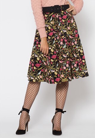 BLACK FLORAL BIRD PRINT SKIRT