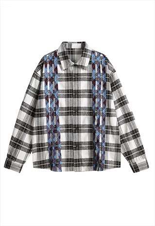 Plaid woollen shirt contrast check retro top in off white