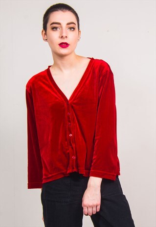VINTAGE 90'S RED VELVET V-NECK LONG SLEEVE TOP