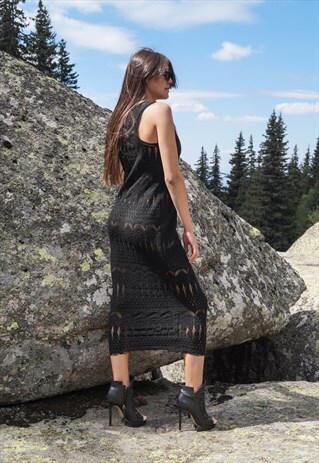 BLACK KNIT DRESS/COZY/SWEATER DRESS/CASUAL/HANDMADE/F1711