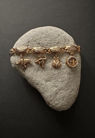 70's Vintage Gold Metal Elephant Bull Ladies Charm Bracelet