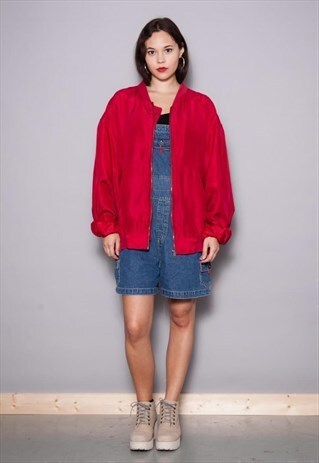 VINTAGE 80'S RED PURE SILK UNISEX OVERSIZE BOMBER JACKET XL