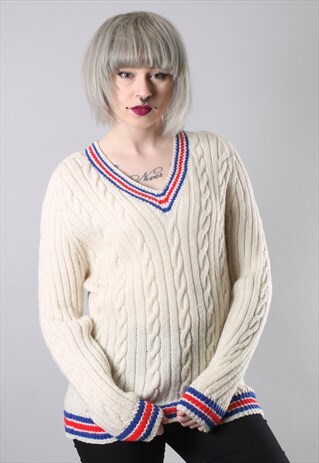 VINTAGE CABLE KNIT V NECK JUMPER MEDIUM