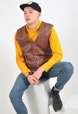 VINTAGE REAL LEATHER VEST IN BROWN