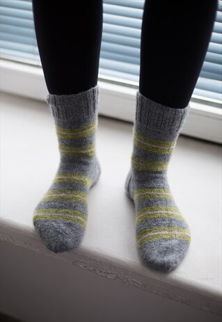 GREY STRIPED HANDMADE KNITTED WOOL SOCKS