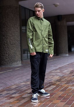 Army Green Slogan Printed relaxed fit shirt jacket Y2k