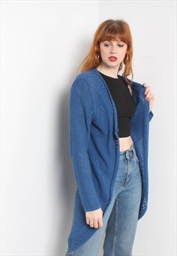 Vintage 80's Long Length Knitted Cardigan - Blue