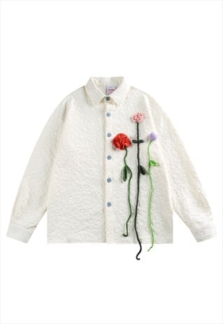 Floral patchwork shirt textured long sleeve blouse in white