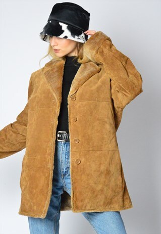 VINTAGE 90S CAMEL BROWN WARM LEATHER COAT
