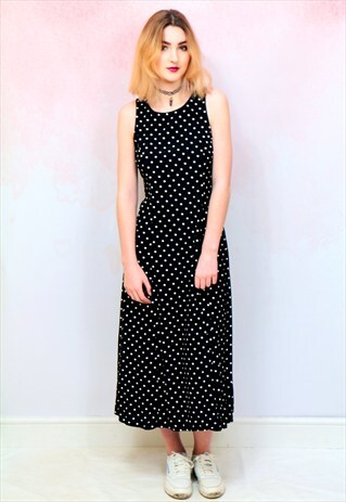 1990S VINTAGE BLACK AND WHITE SPOTTY MIDI DRESS