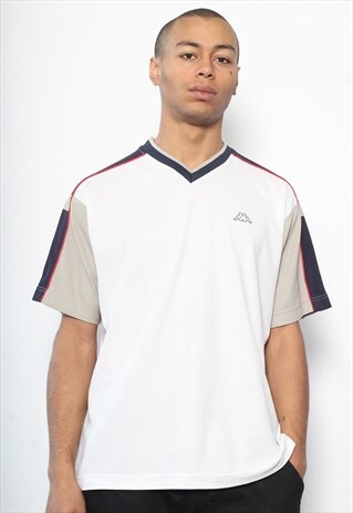 VINTAGE KAPPA V NECK LOGO SPORTS T-SHIRT WHITE