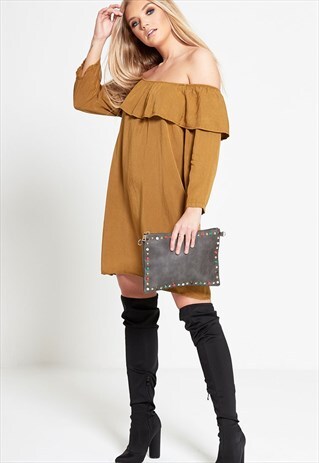 CAMEL FAUX SUEDE FRILL BARDOT DRESS