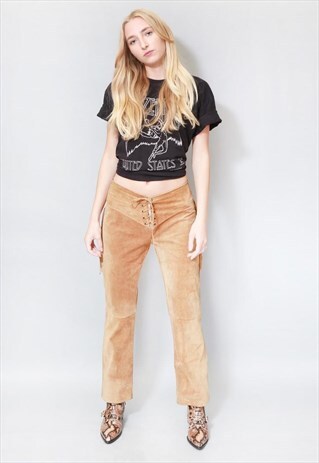 VINTAGE 1970'S BROWN LACED & FRINGED SUEDE TROUSERS