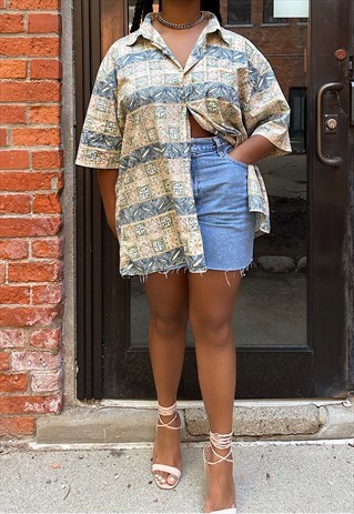 VINTAGE 80S TRIBAL HAWAIIAN DAD BUTTON DOWN SHIRT