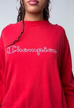 Red 90s Champion Embroidered Spellout Sweatshirt
