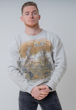 Vintage Nature Animals Graphic Sweatshirt in Grey Small