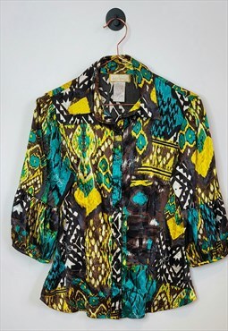 Vintage Y2K Aztec Print Fitted Blouse Green Yellow