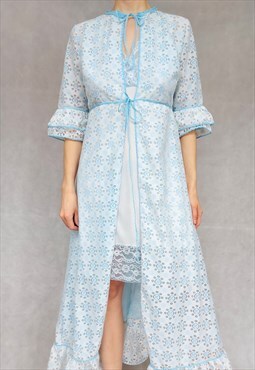 RevivalVintage Lace Blue White Robe, Retro House Dress, 1950