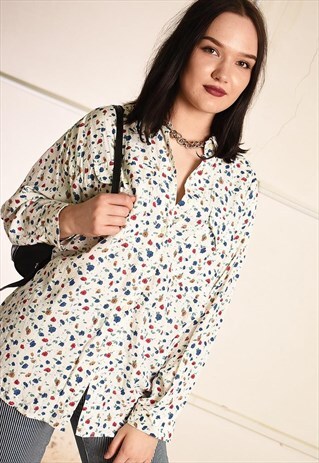90'S RETRO FLORAL PRINT PARIS CHIC OVERSIZED SHIRT TOP