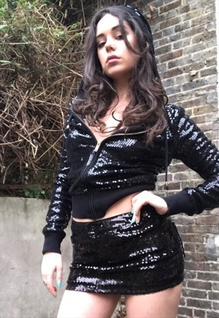 VINTAGE BLACK SEQUIN HOODY TWO PIECE MINI SKIRT CO-ORD