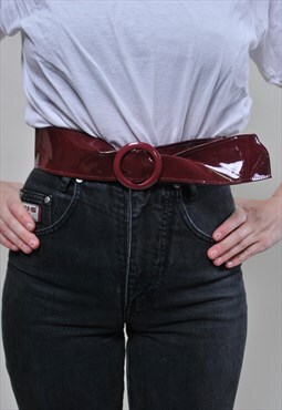 Vintage Red wide belt, shiny yoke belt MEDIUM size