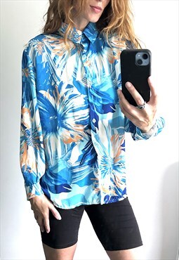 Tropical Summer Blue Plants Print Blouse Shirt Large