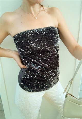 VINTAGE Y2K 00S SEQUINNED CORSET SEXY BANDEAU TOP BLOUSE