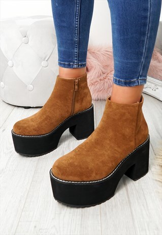 WOMENS CAMEL ZIP ANKLE BOOTS BLOCK HEEL PLATFORM SHOES