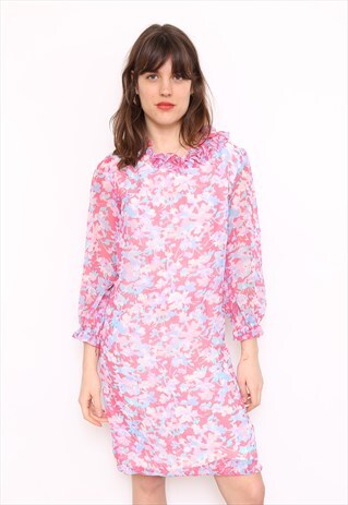 VINTAGE 60S PINK FLORAL LONG SLEEVE CHIFFON DRESS