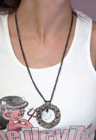 VINTAGE 90S LONG GEM METAL SILVER PENDANT NECKLACE GRUNGE