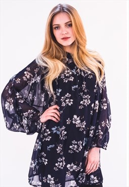 Flowy Chiffon Oversized Shirt in Navy Floral Print