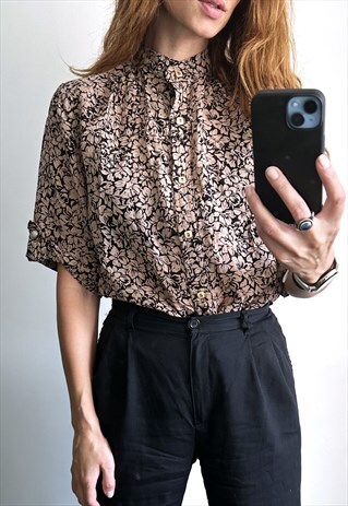 BOHO ROMANTIC CASUAL BROWN FLORAL TOP BLOUSE SHIRT L