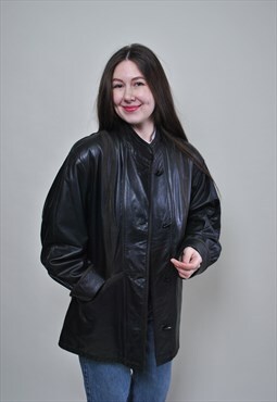 Black leather jacket, 90s women leather coat, 80s autumn 