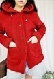 90s vintage red teddy fluffy hooded oversized coat 