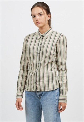 VINTAGE GREEN BROWN RED LACOSTE LONG SLEEVE STRIPED SHIRT
