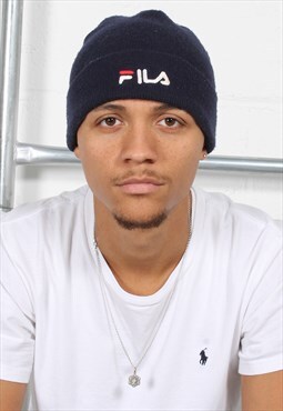 Vintage Fila Beanie Hat in Navy with Spell Out Logo