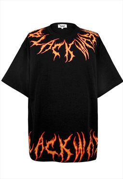 Flame print t-shirt burning fire tee retro cyberpunk top