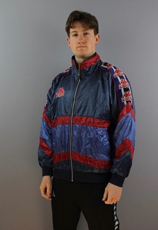 VINTAGE KAPPA BARCELONA FC WINDBREAKER JACKET IN NAVY WITH L