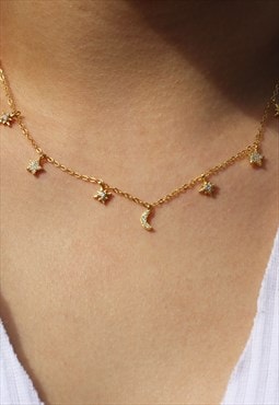 Star and Moon Cluster Necklace CZ S925 Gold Vermeil Dainty