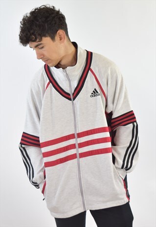 VINTAGE 90S GREY RED ADIDAS TRACKSUIT TOP SWEATSHIRT