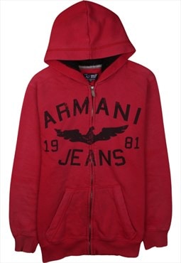 Vintage 90's Armani Jeans Hoodie Spellout Full Zip Up Red