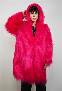 Shaggy pink coat neon fauxfur long fluorescent trench jacket